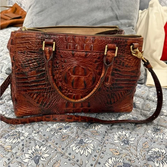 Brahmin Croc-Embossed Satchel in Rich Chestnut Brown with MATCHING wallet